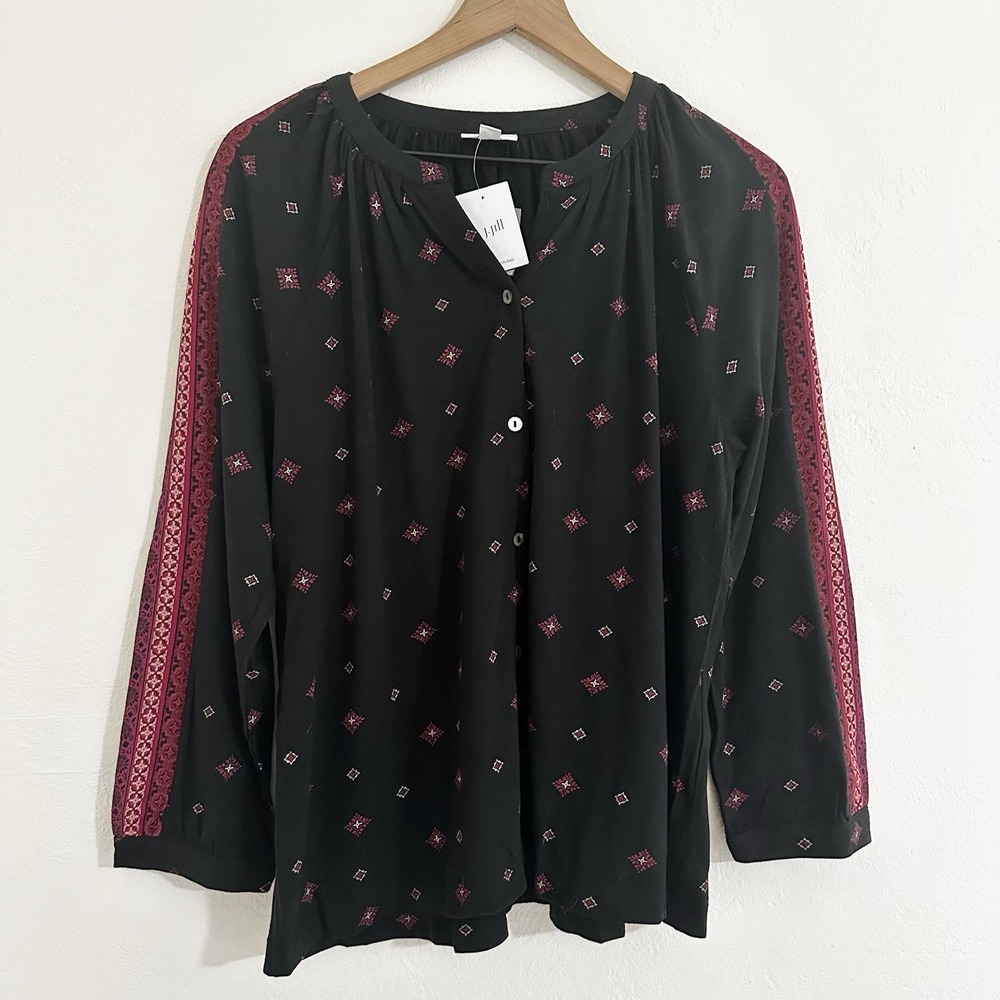 J Jill Top Womens Large Black Printed Knit Button-Front Blouse Peasant Boho NWT - Picture 5 of 10